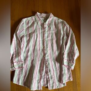 LL Bean Pink/Green/White 100% Button-Up Linen Shirt, Size Medium
